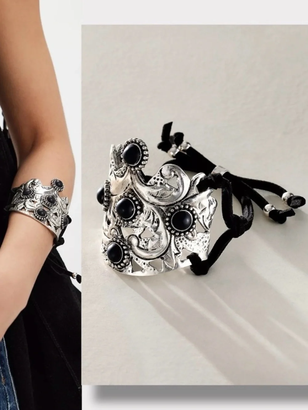 Free People Bohemian Witchy Ornate Coronation Cuff Bracelet Black Silver NWT